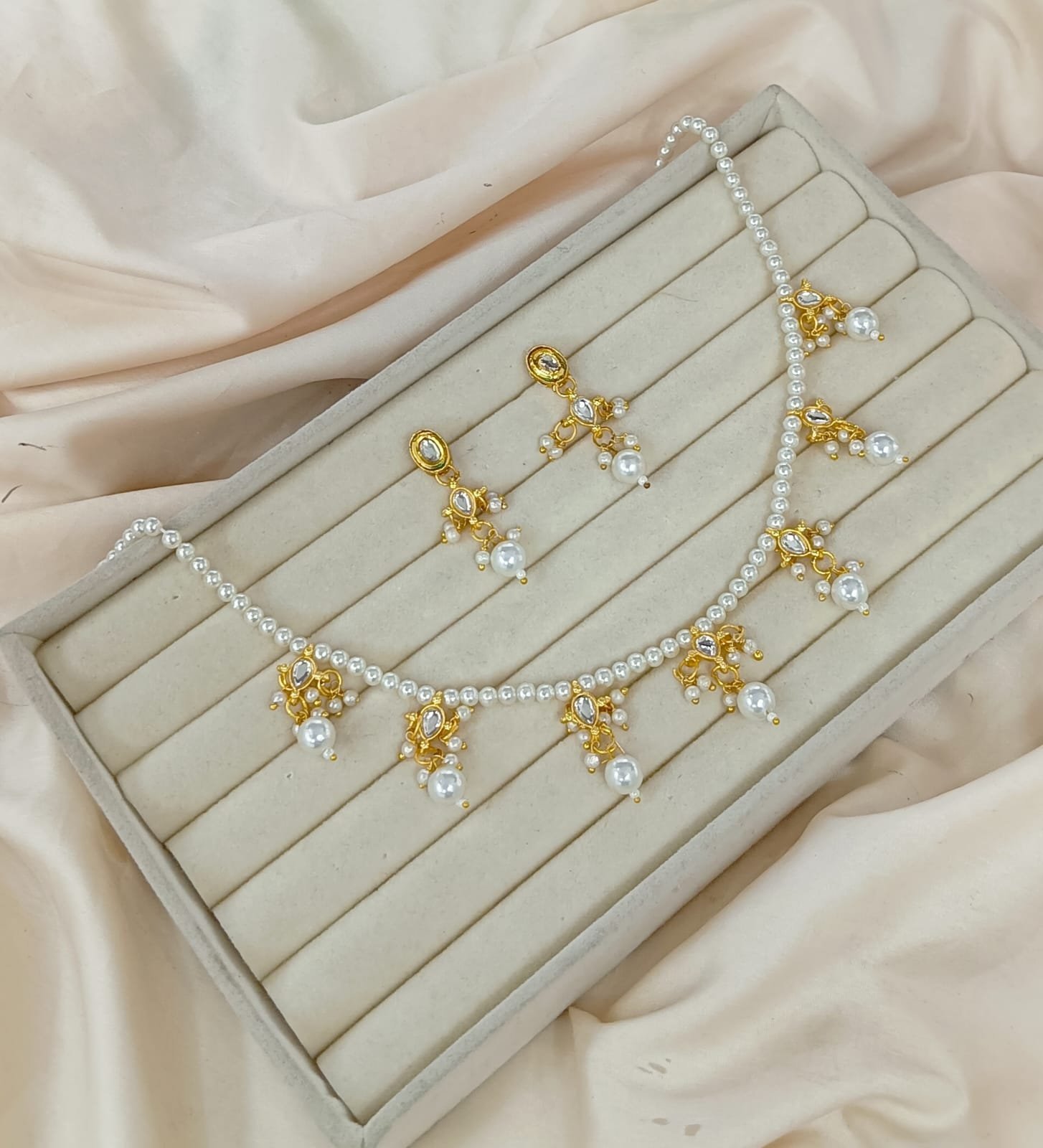 130.jpeg Minimalist Gold-Plated Pearl & Stone Droplet Necklace Set - Image 1