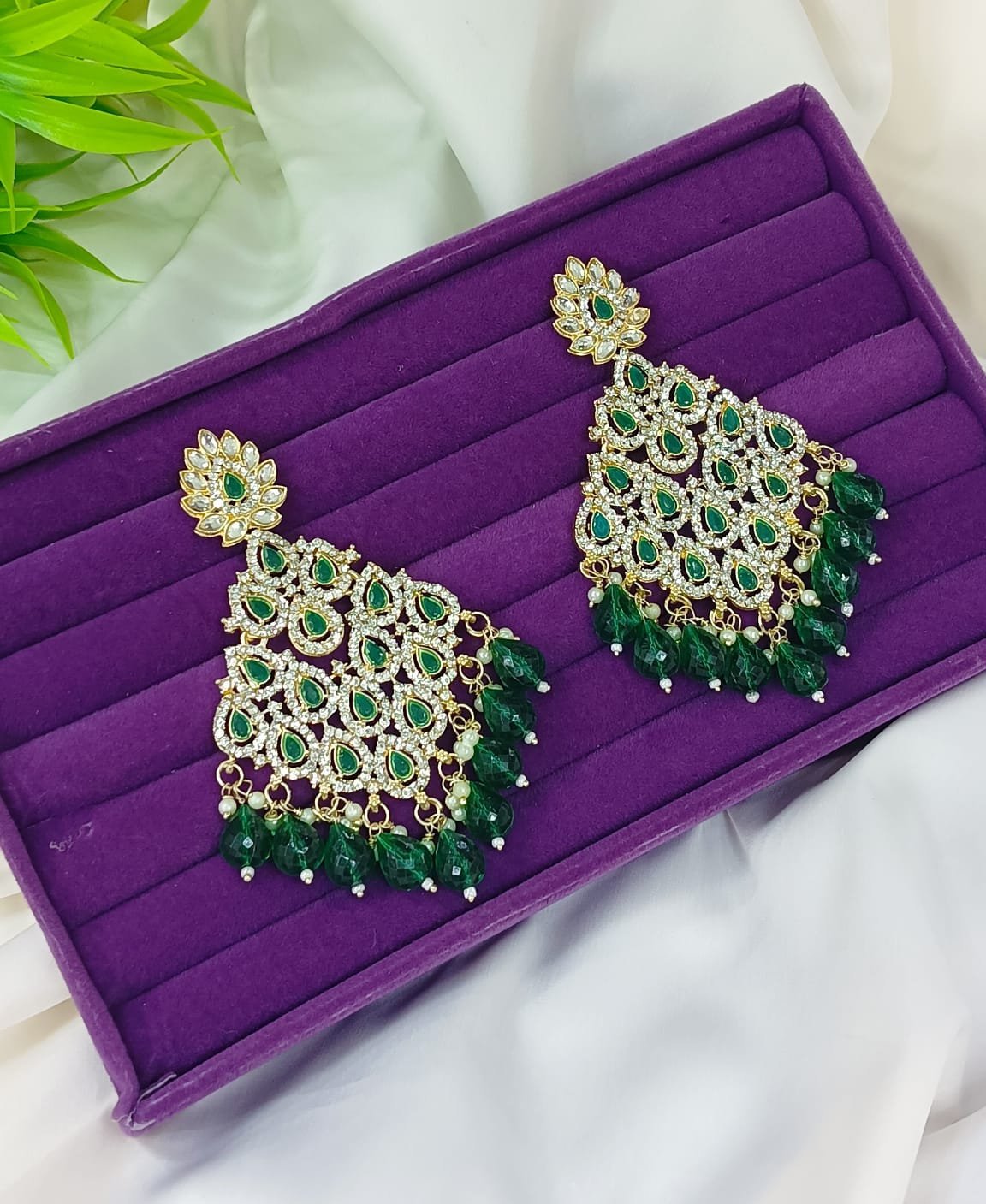 250-2-1.jpeg Royal Emerald Green Stone Studded Party Wear Earrings - Image 1