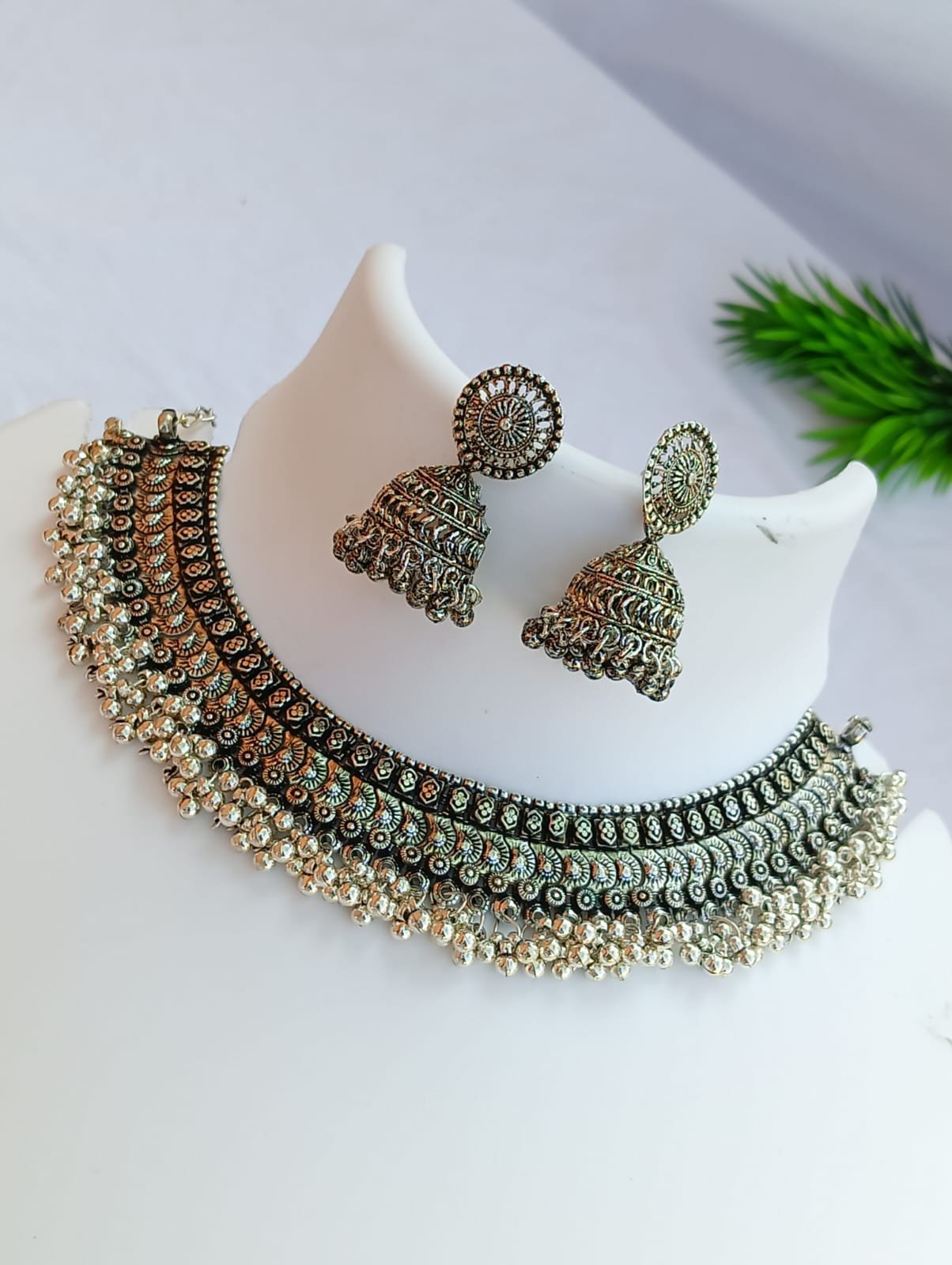 280.jpeg Oxidized Silver Ghungroo Choker Necklace Set with Jhumka Earrings - Image 1