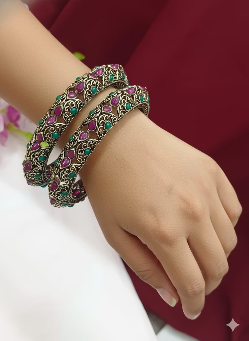350-1.jpeg Oxidized Silver Filigree Bangles with Ruby and Emerald Stones - Image 1
