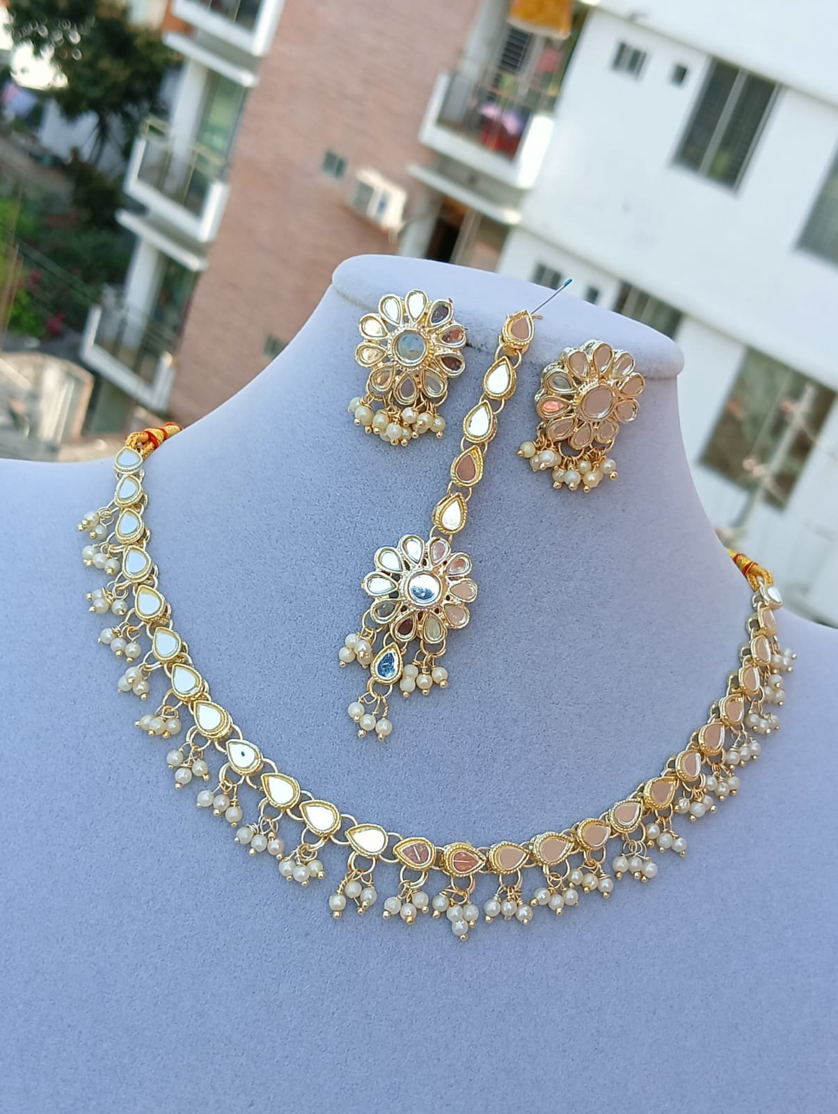 350K.jpeg Mirror-Work (Sheesha) Choker Set with Pearl Drops & Maang Tikka - Image 1