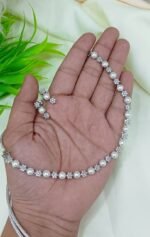 Elegant Floral Stone Studded Pearl Necklace with Matching Earrings. - Image 2