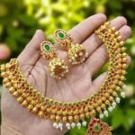 রুবি রেড ও গ্রিন স্টোন গোল্ড প্লেটেড নেকলেস সেট উইথ ইয়াররিংস