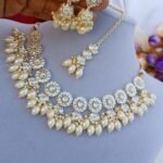 Floral Kundan Polki Pearl Choker Set with Jhumka Earrings & Maang Tikka