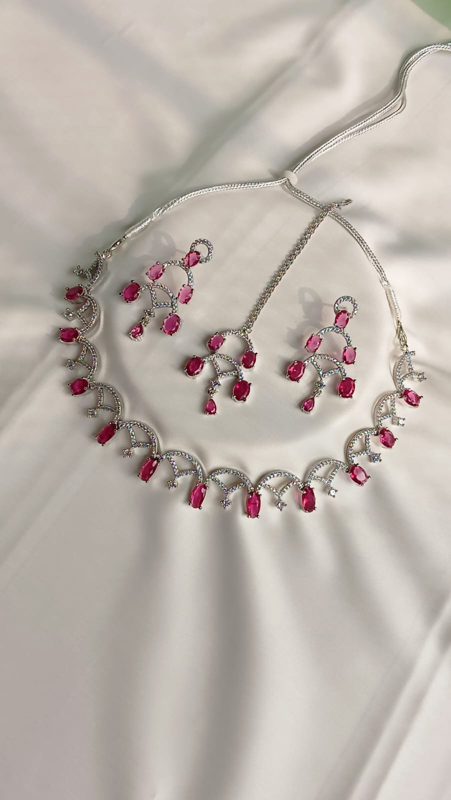 960s.jpeg Ruby Pink Crystal Silver-Plated Bridal Necklace Set - Image 1