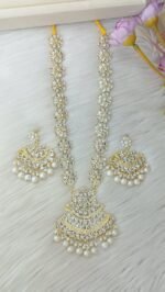 Long Kundan Polki Haram Necklace Set with Accents - Image 2