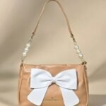 Chrisbella Beige Bow Pearl Chain Shoulder Bag