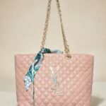 Premium Peach Diamond-Quilted Tote Bag with Elegant Scarf