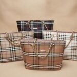 Burberry check tote bags in various sizes and colors.